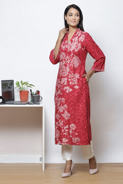 Red Straight LIVA Printed Kurta image number 2