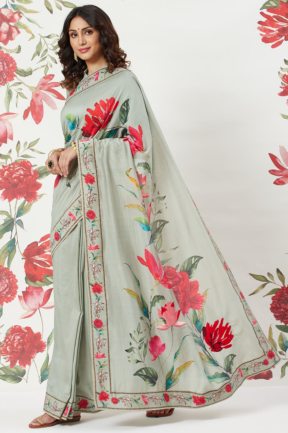 Rohit Bal Off White Chanderi Silk Printed Saree With Blouse image number 2