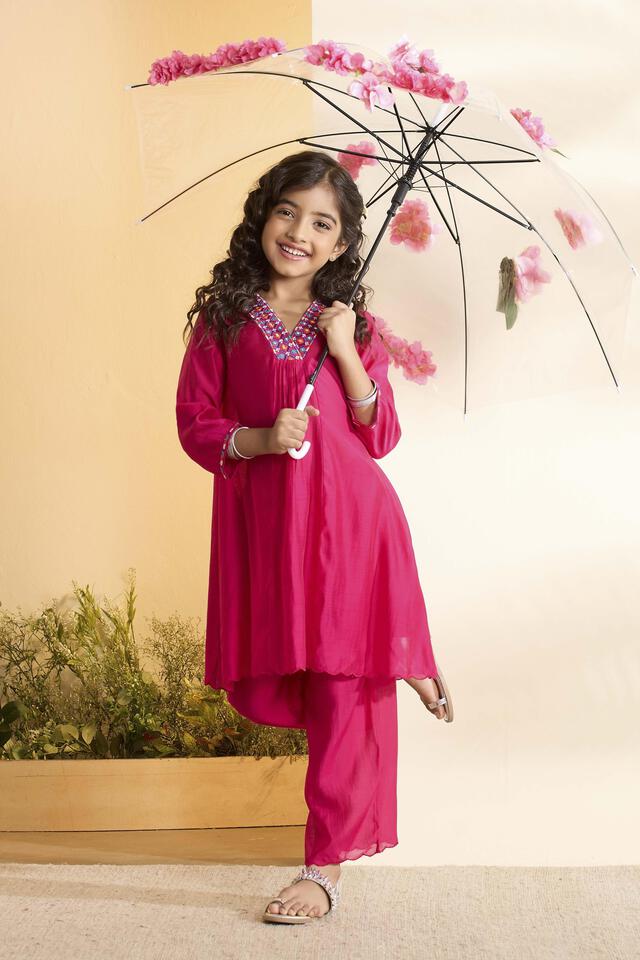 BIBA Polyester Solid A-Line Festive Kurta With Palazzo in Pink