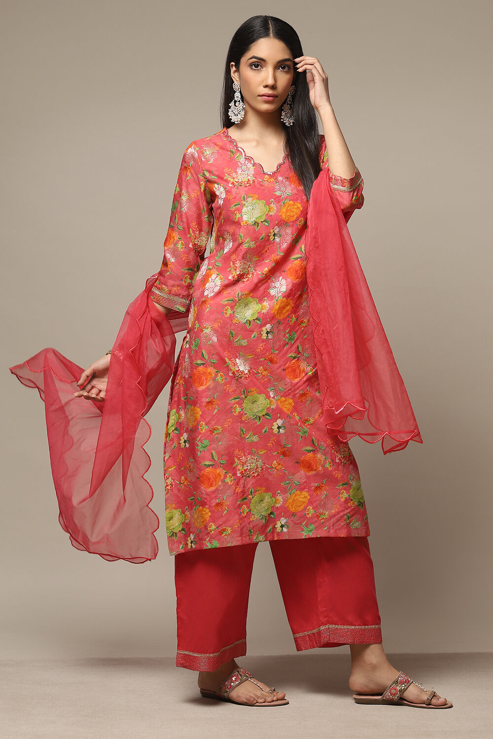 Coral Pink Cotton Blend Straight Kurta Pants Suit Set image number 6