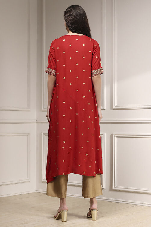 Red Printed Asymmetric A-Line Kurta image number 3