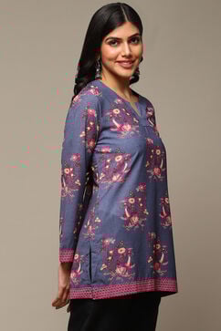 Denim Blue Cotton Blend Printed Kurti image number 3