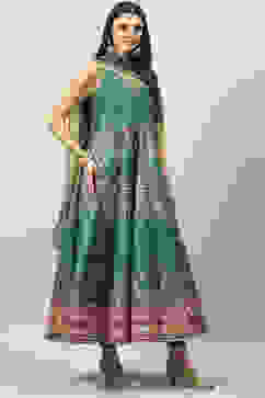 Green Art Silk Flared Kurta Legging Suit Set image number 6