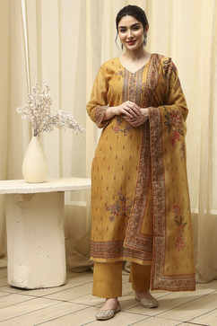 Yellow Chanderi Printed Embroidered Unstitched Suit Set image number 7