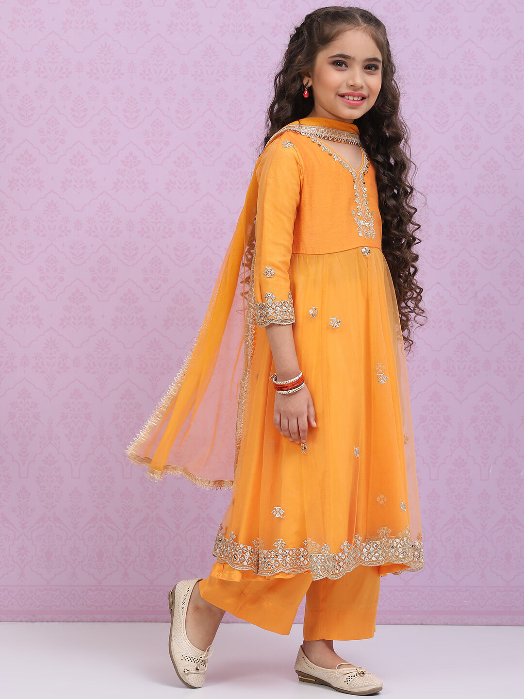 Orange Art Silk A-Line Straight Kurta Palazzo Suit Set image number 5