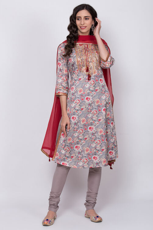Grey Cotton Straight Kurta Churidar Suit Set image number 0