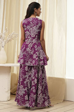 Berry Purple Cotton Floral Peplum Suit Set image number 4