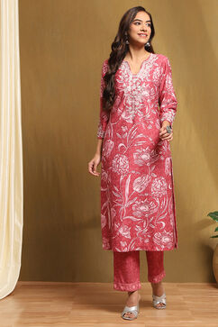 Old Rose Polyester Blend Straight Kurta Pants Set image number 6
