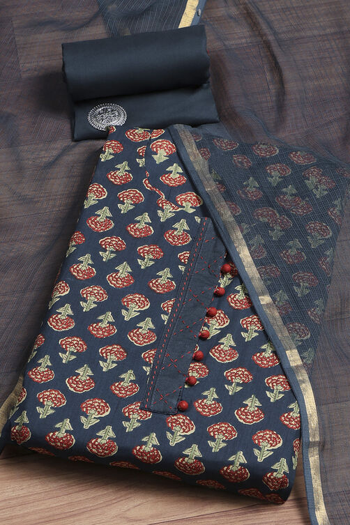 Blue Cotton Screen Print Unstitched Suit Set image number 0