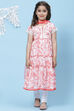 White And Pink Cotton Flared Kurta Churidar Suit Set