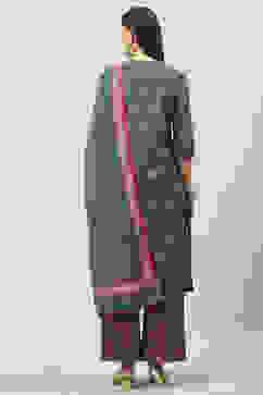 Grey Cotton Straight Kurta Palazzo Suit Set image number 4