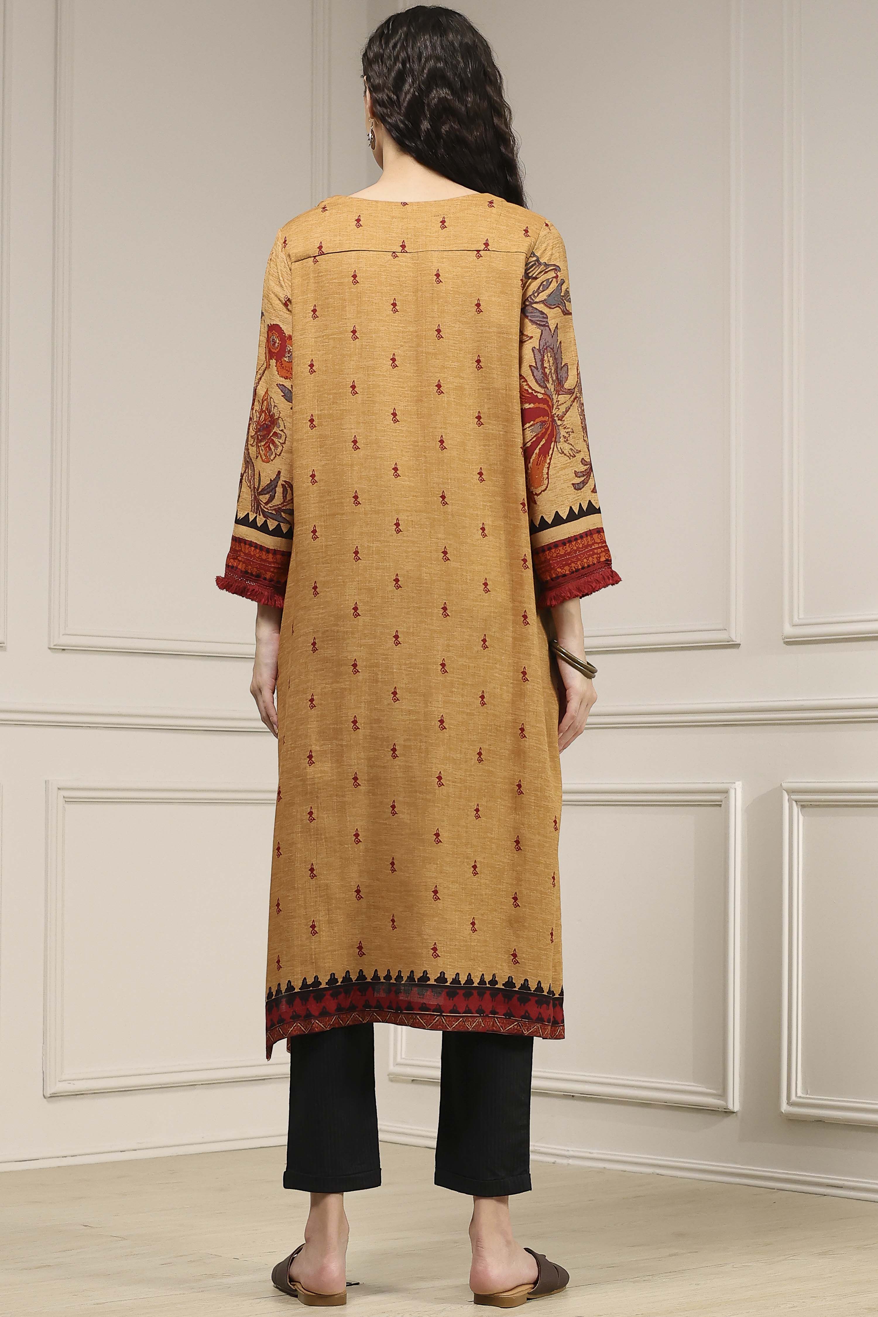 Beige Printed Straight Kurta image number 3