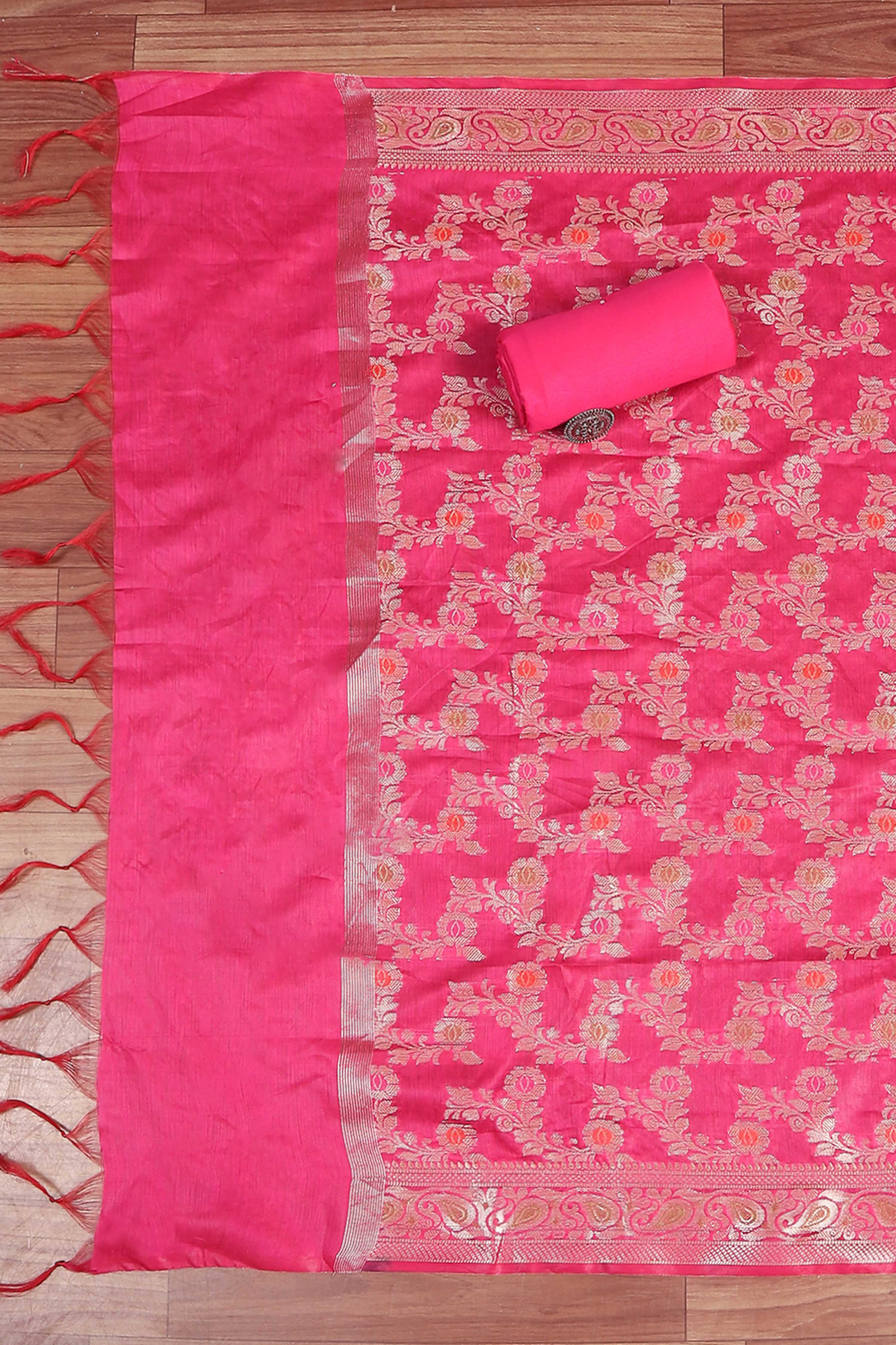 Hot Pink Poly Cotton Banarasi Unstitched Suit Set image number 3