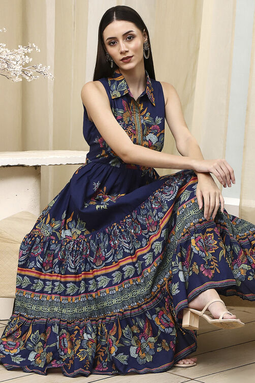 Indigo Cotton Tiered Dress image number 0