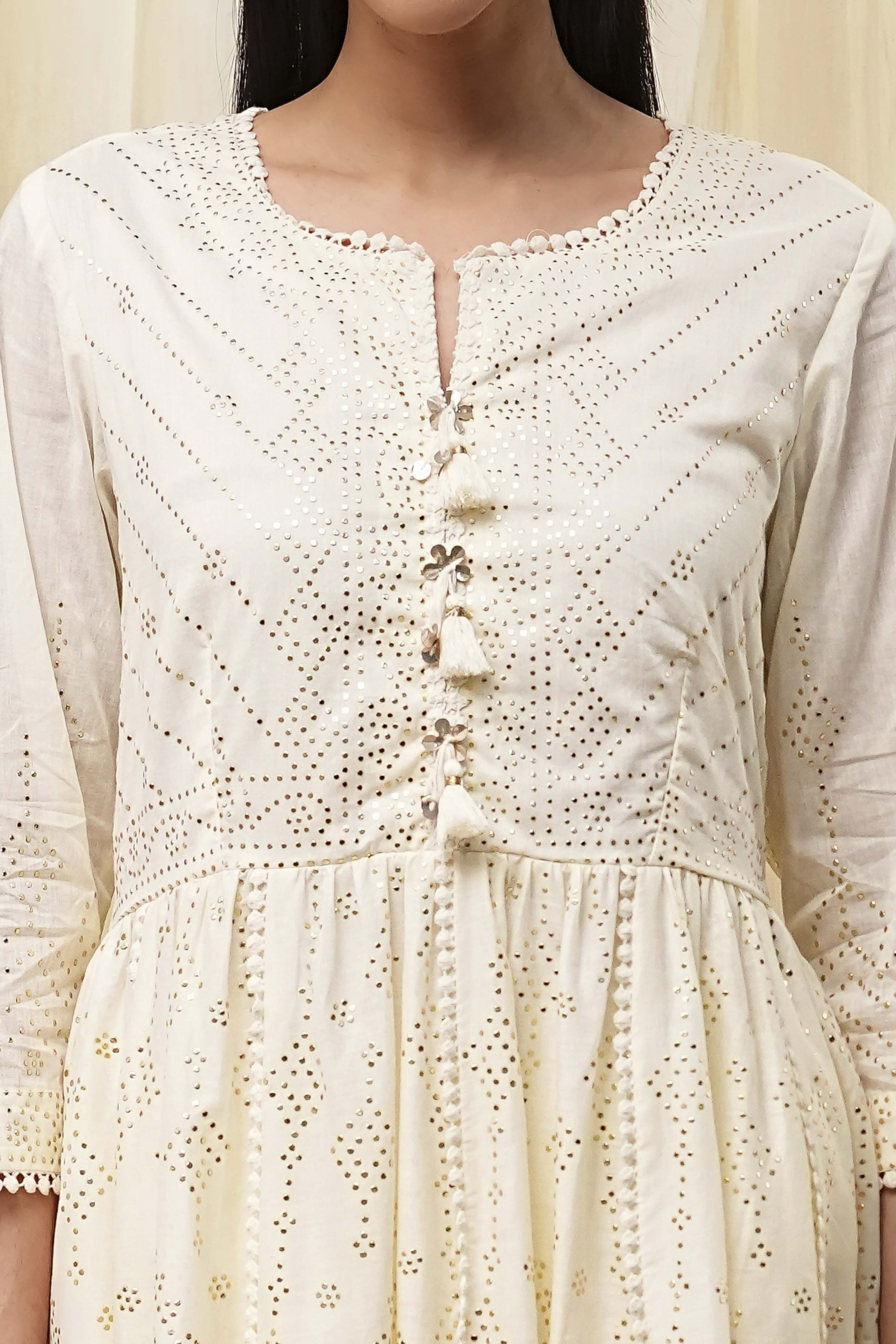 Off-White Cotton Metallic Flared Suit Set image number 1