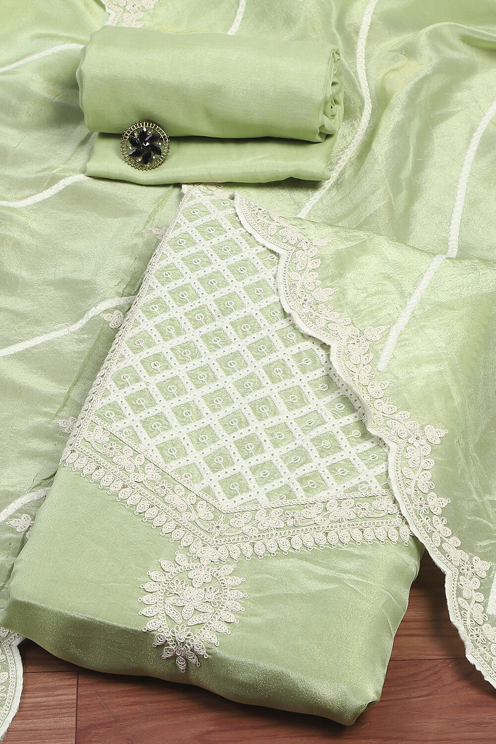 Green Tissue Machine Embroidered Unstitched Suit Set image number 0