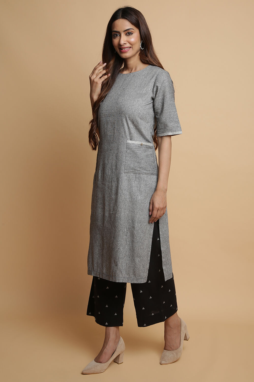 Navy Cotton Straight Kurta Palazzo Suit Set image number 5