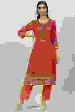 Red & Green LIVA Straight Printed Kurta image number 0