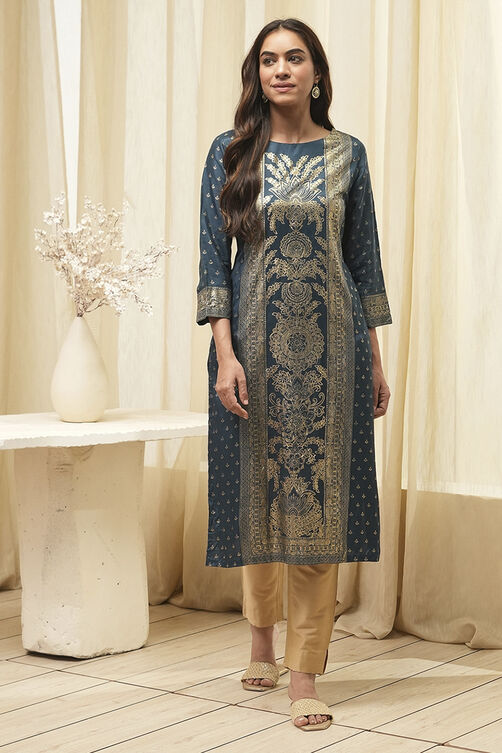 Indigo Rayon A-Line Printed Kurta image number 5