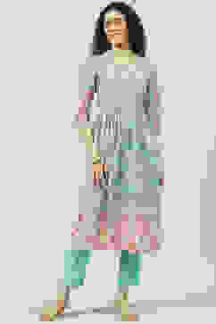 Green & Turquoise Printed Cotton Gathered Suit Set image number 0