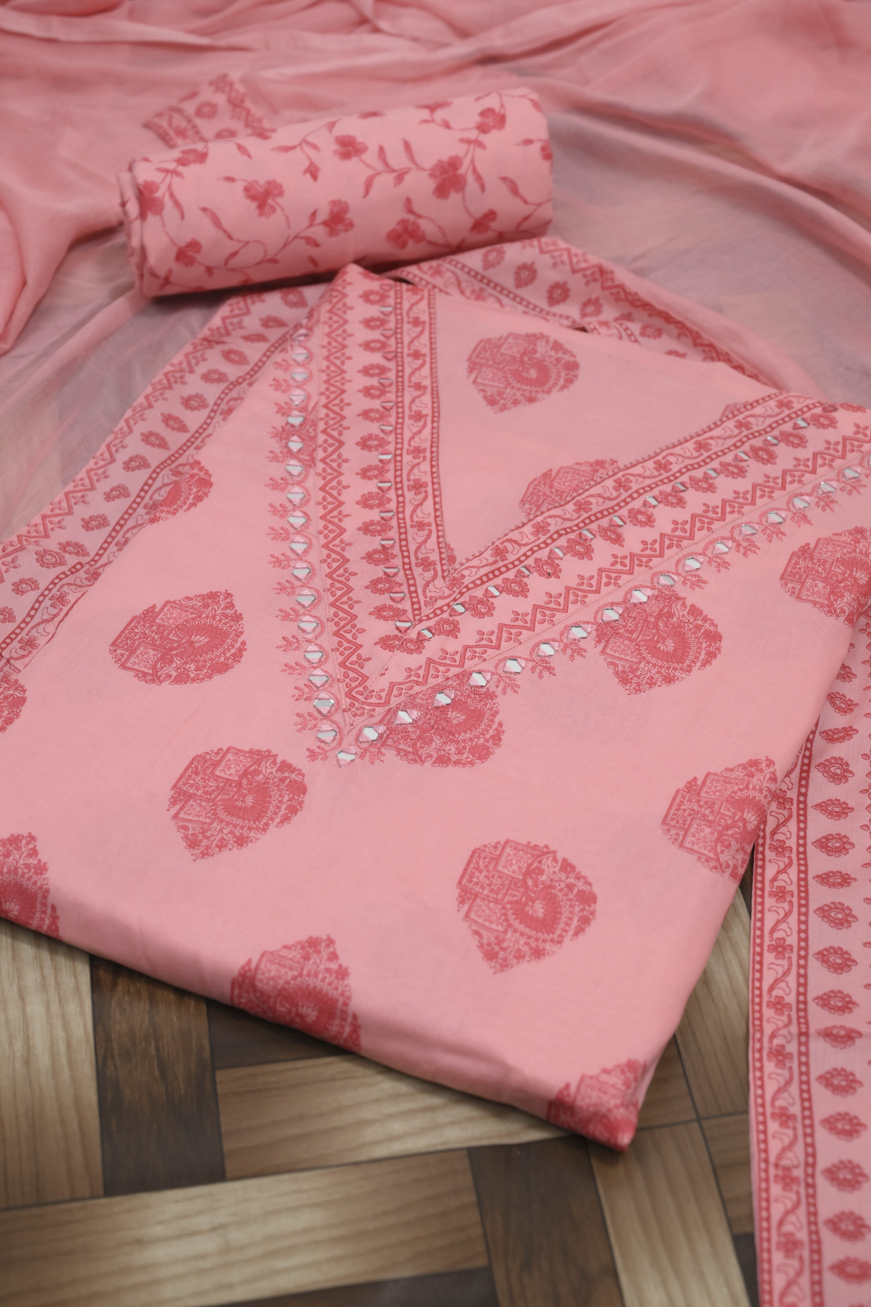 Peach Cotton Printed Unstitched Suit Set image number 1