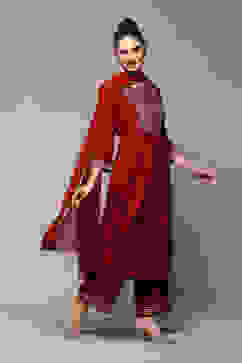 Green & Maroon LIVA Gathered Kurta Palazzo Suit Set image number 6