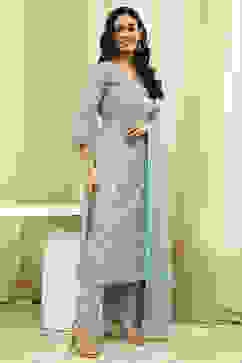 Green Cotton Screen Print Unstitched Suit Set image number 5