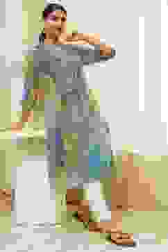 Blue Printed Pleated A-Line Kurta image number 0