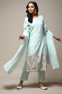 Turquoise Linen Digital Print Unstitched Suit Set image number 10