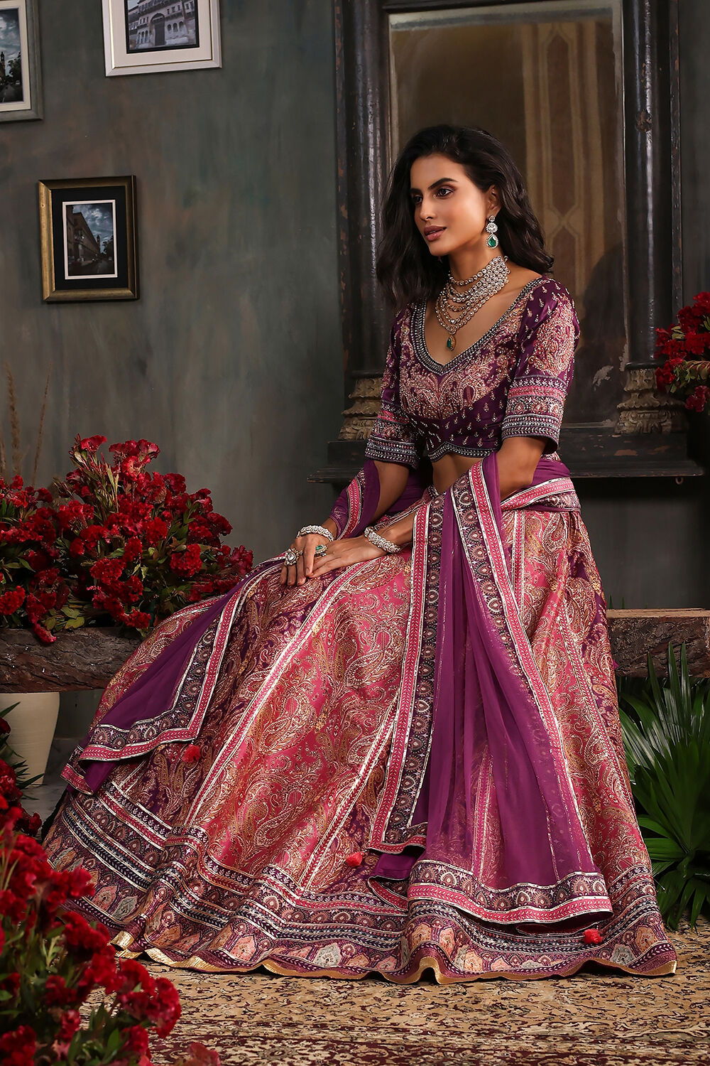 Purple Hand Embroidered Flared Lehenga Set image number 5