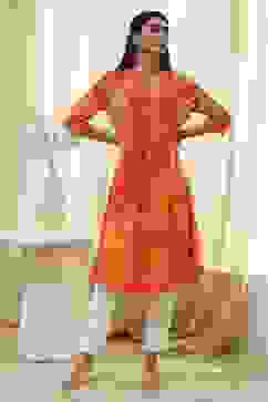 Orange Printed Pleated A-Line Kurta image number 5