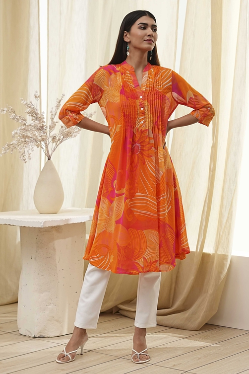 Blue Printed Pleated A-Line Kurta image number 5