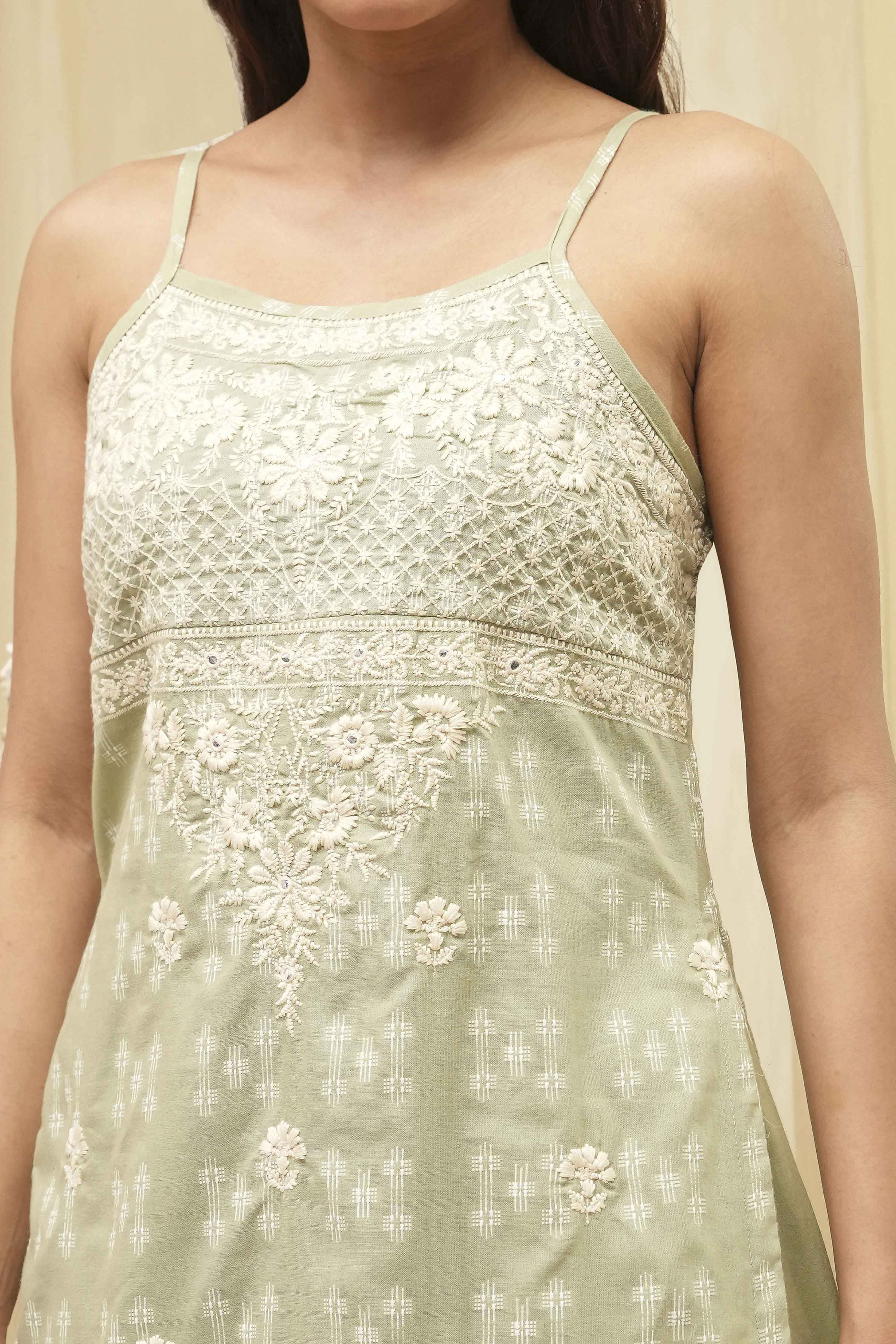 Green Cotton Floral Strappy Straight Suit Set image number 1