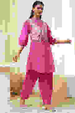 Pink and White Cotton Pathani Straight Kurta Set image number 4