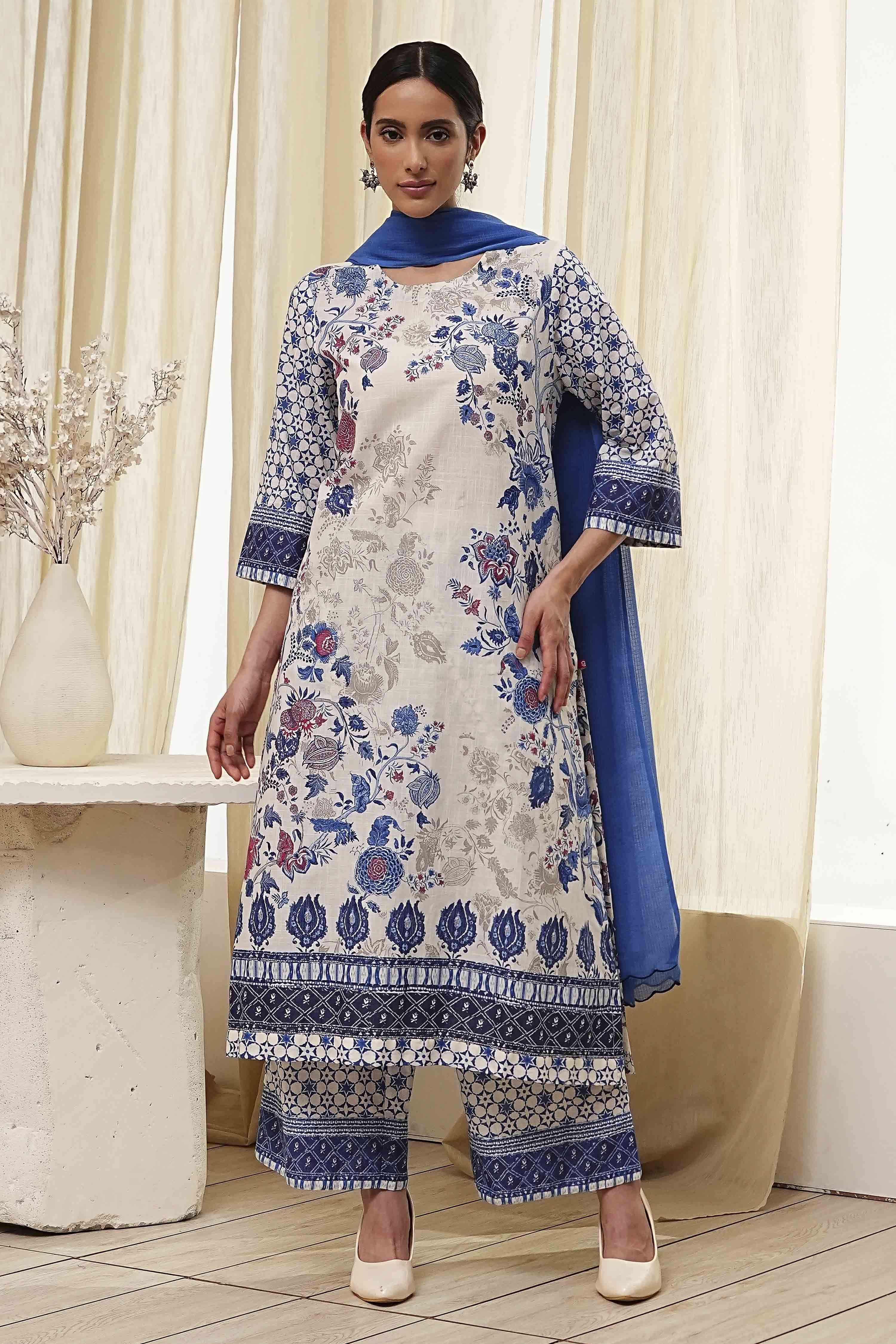 Off-White and Blue Cotton Straight Suit Set image number 0