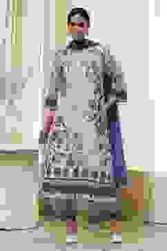 Off-White and Blue Cotton Straight Suit Set image number 0