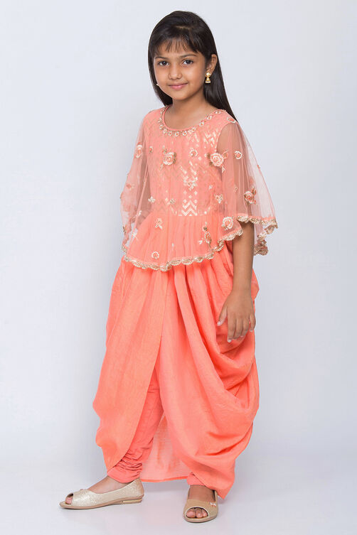 Salmon Peach Silk Two Piece Set image number 3