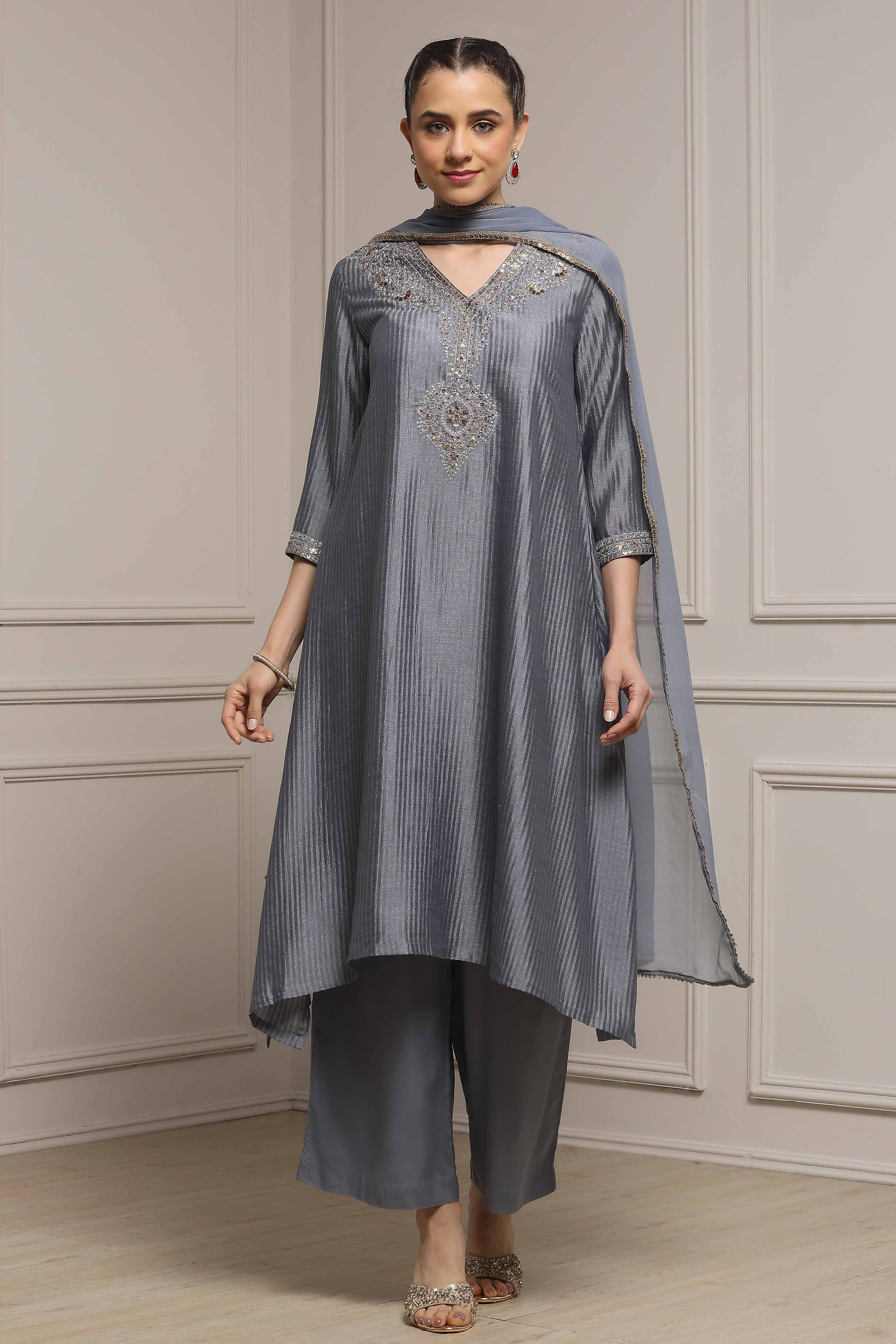 Grey Striped Straight Suit Set image number 6