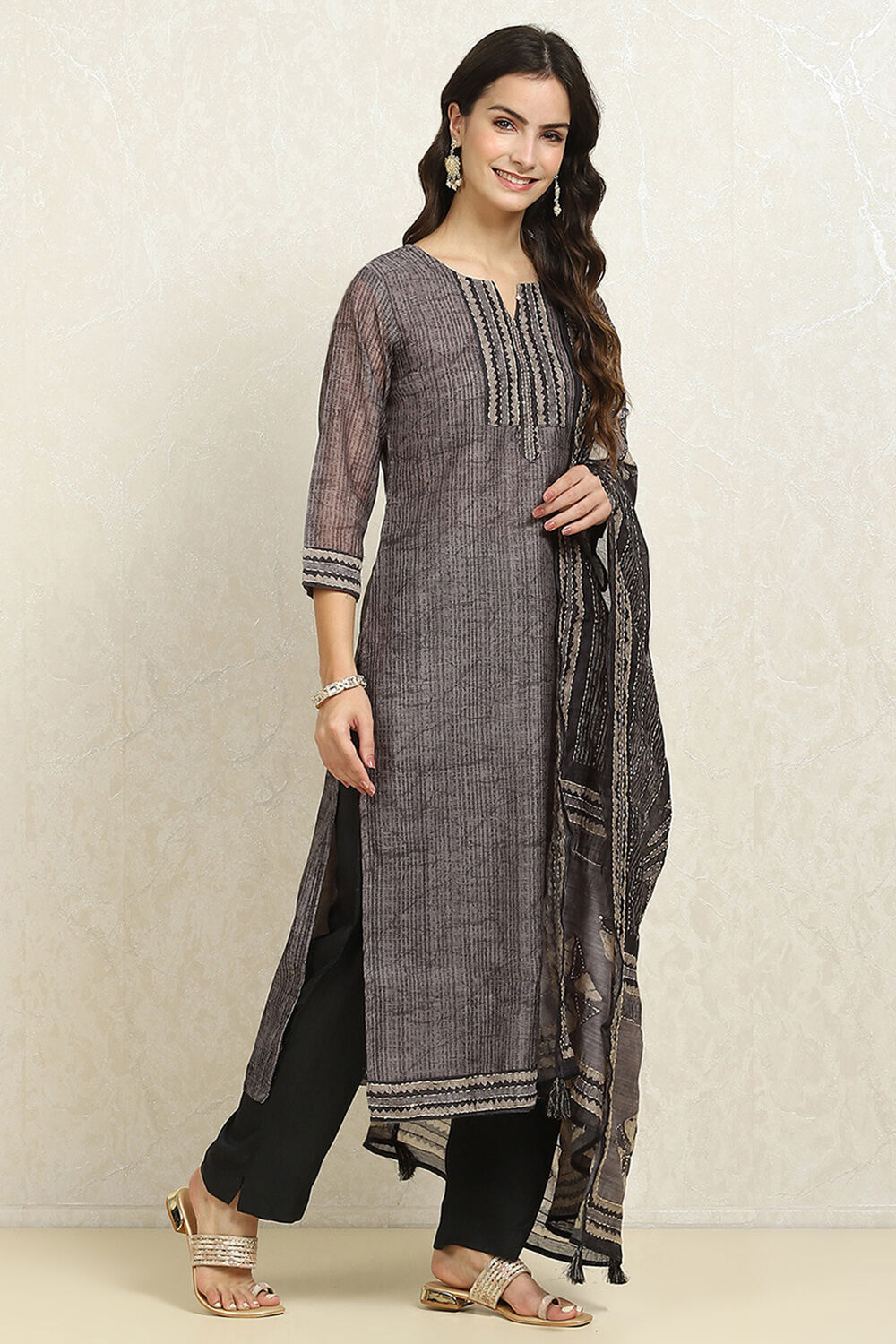 Grey Chanderi Blend Printed Unstitched Suit Set image number 6
