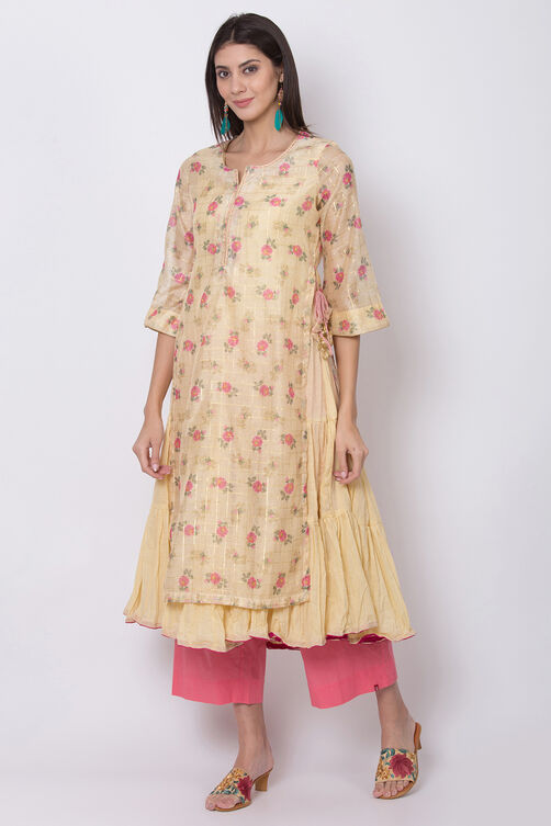 Yellow Poly Metallic Cotton Flared Printed Kurta