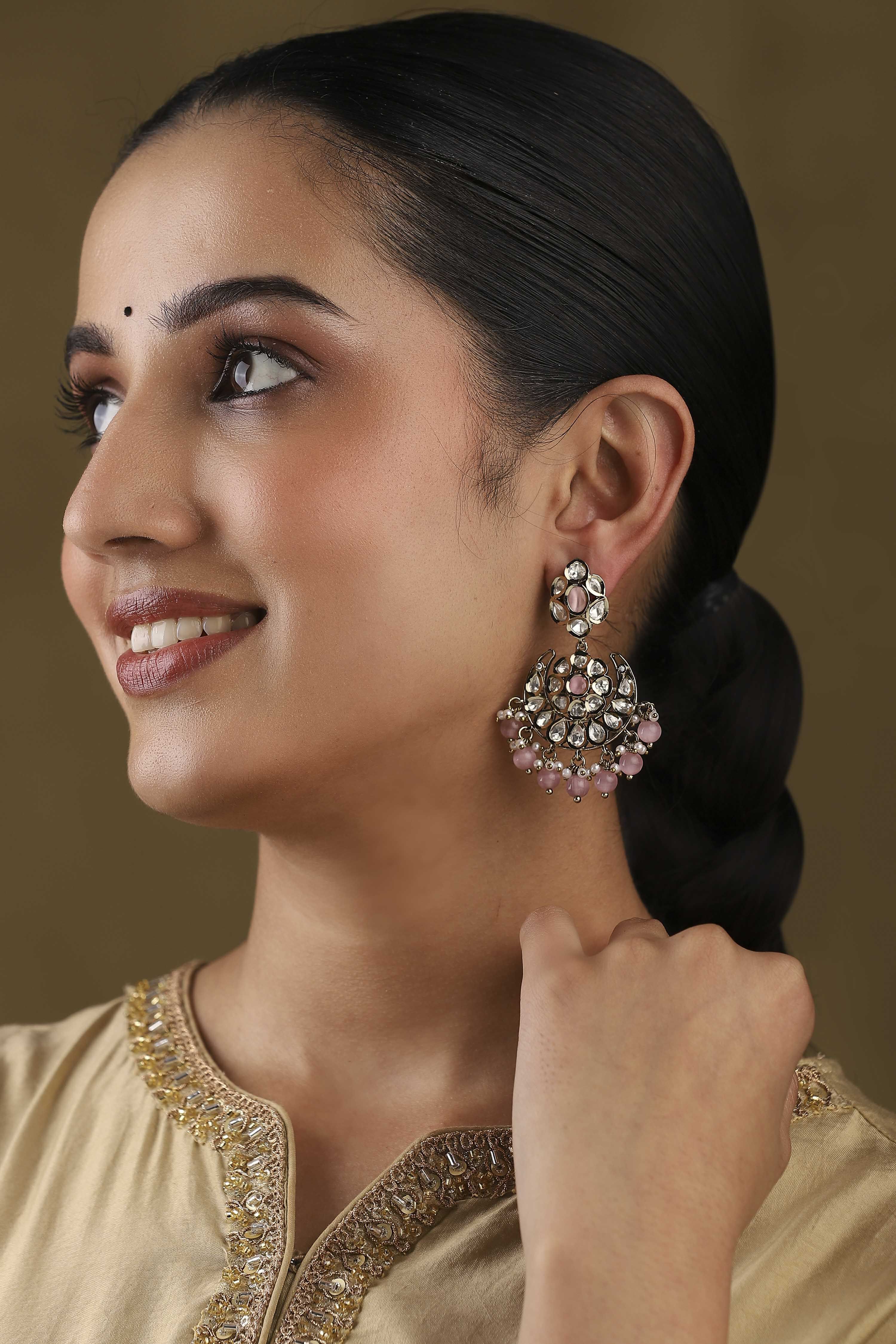 Light Pink Gold Plated Studded Drop Earrings image number 3