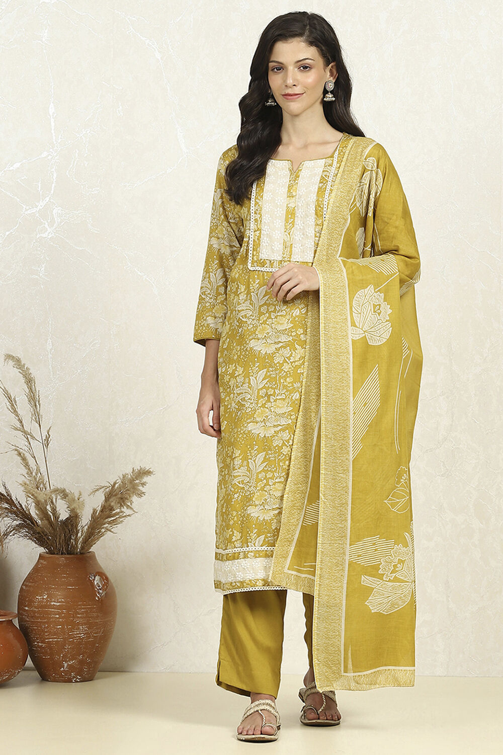Yellow Cotton Floral Printed Unstitched Suit Set image number 7