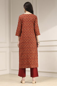 Red Cotton Screen Print Unstitched Suit Set image number 5