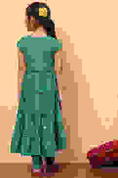 Green Cotton Printed Tiered Festive Flared Suit Set image number 5