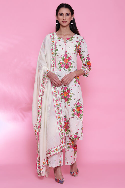 Off White Cotton Straight Kurta Palazzo Suit Set image number 6