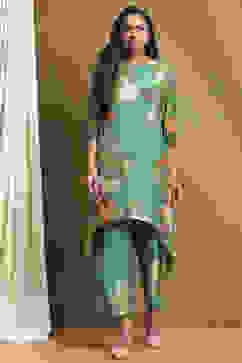 Green Modal Floral Printed Asymmetric Kurta Set image number 6