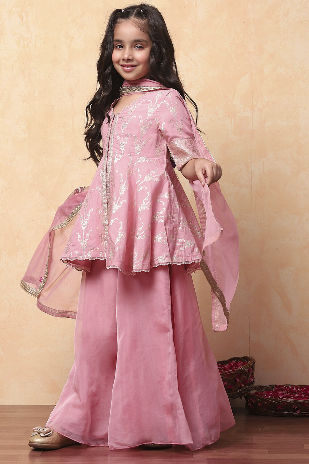 Peach Viscose Rayon Printed Front Open Sharara Suit Set image number 3