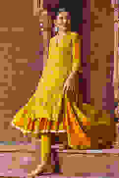 Lime Yellow Silk Layered Kurta Churidar Suit Set image number 0