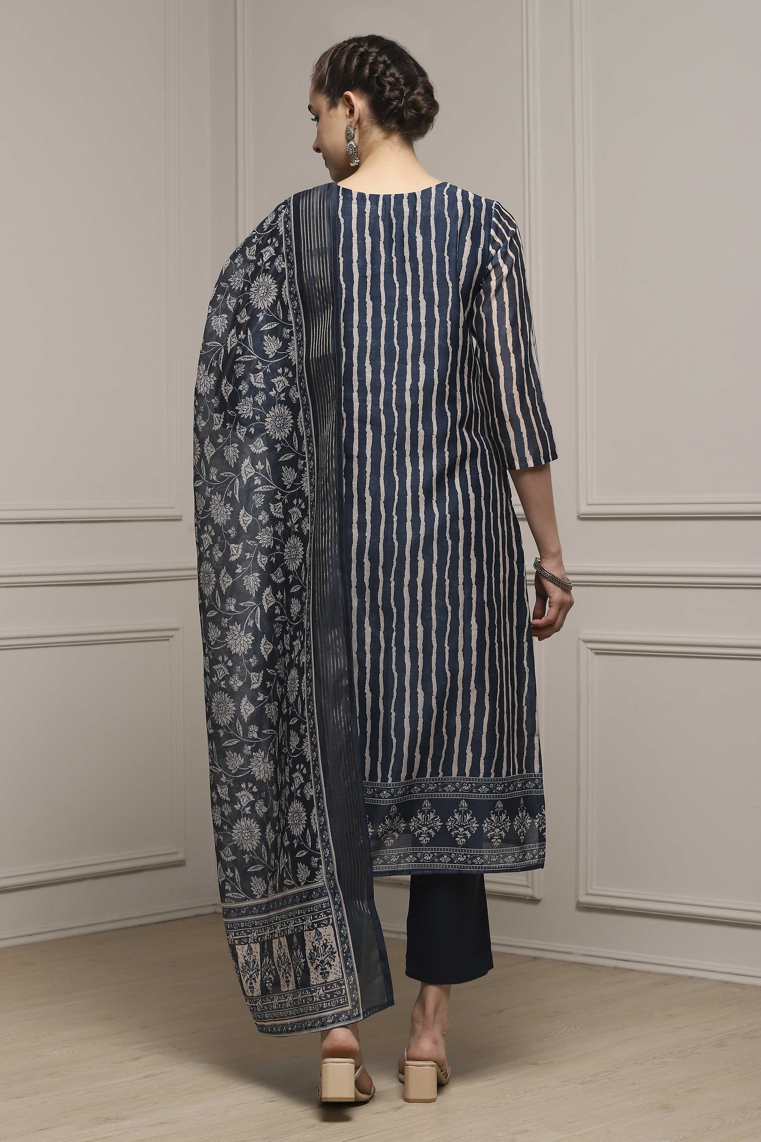 Blue Chanderi Blend Printed Embroidered Unstitched Suit Set image number 5