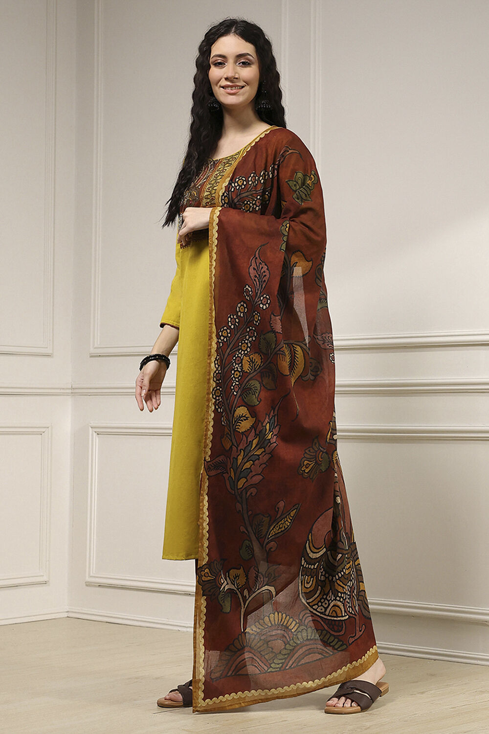 Yellow Cotton Hand Block Print Unstitched Suit Set image number 4